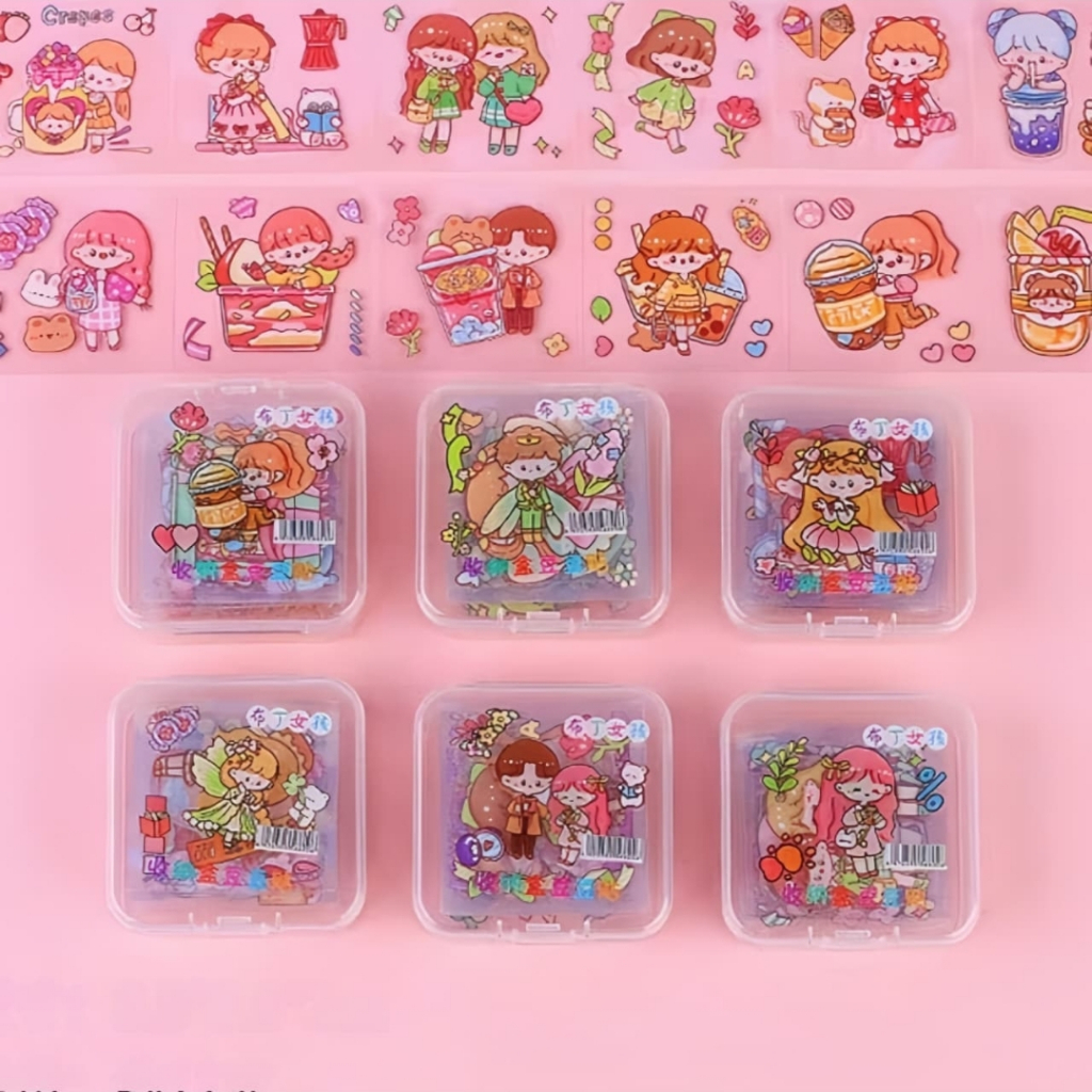 TOS Stiker Mini Box/ 1 Mini Box Isi 12 Lembar/ Motif Gadis Puding Cute/ Momo Kartun Korea PET Lucu