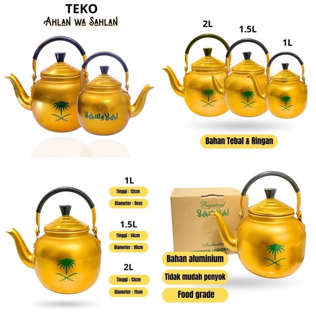 Teko Air Zam Zam Warna Gold Ahlan Wa Sahlan Ceret Dubai 1L 1.5L 2L  - Teko Arab Untuk Teh Kopi , Tek