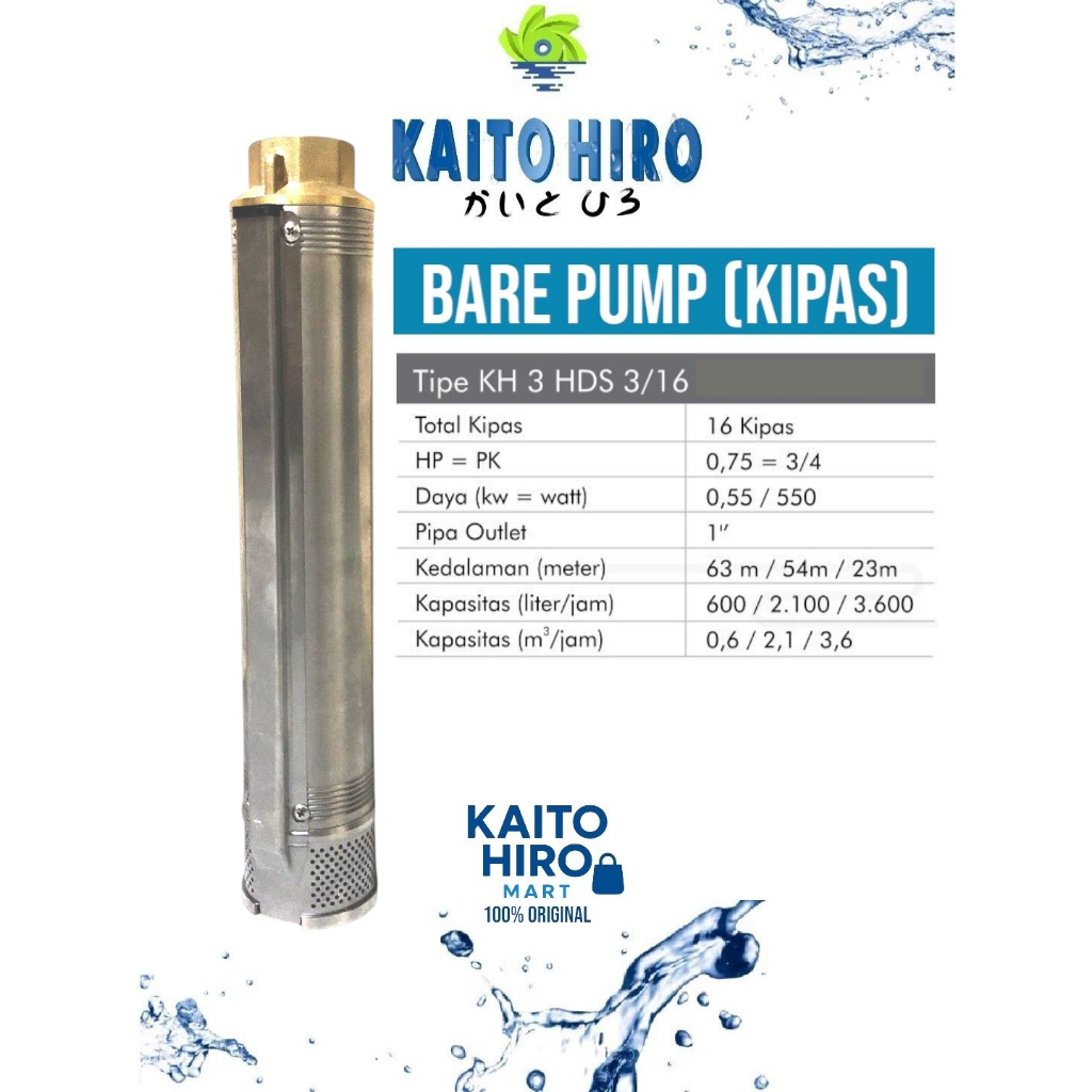 Bare Pump KAITO HIRO 3 inch 0,75 HP HDS - Kipas Pompa Satelit KTH Tipe KH3HDS3/16