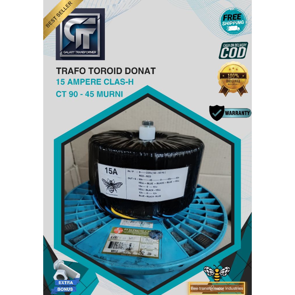 trafo toroid donat 15A CLASS H CT 90V - 45V murni