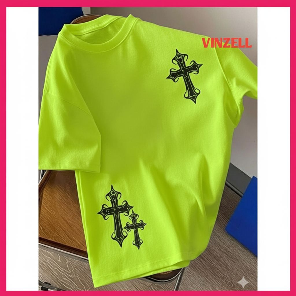 T-Shirt Oversize Pria Wanita Neon Lime Green (Hijau Stabilo) Desain Salib Gothic (Cross) Premium | K