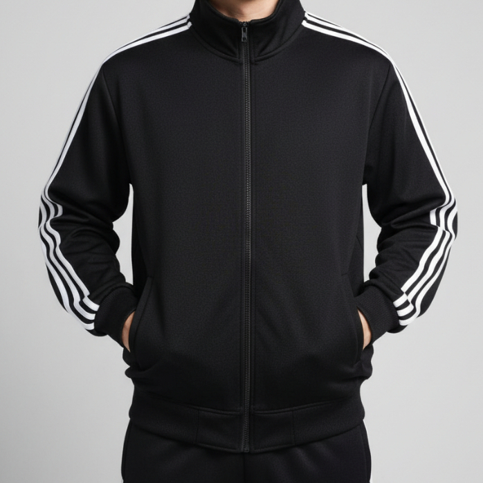 JAKET ZIPPER POLOS HITAM LIST PUTIH BIG SIZE JUMBO