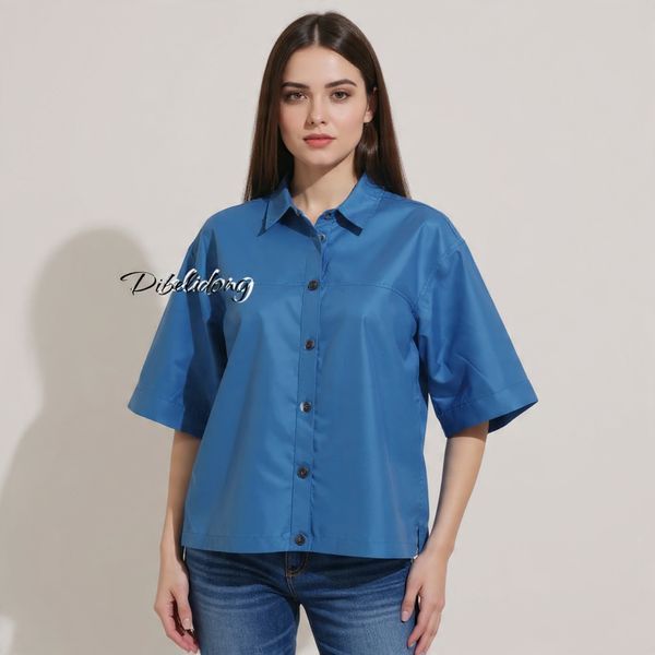 kemeja wanita pendek polos biru