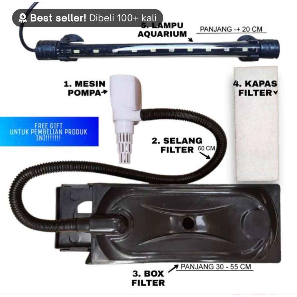 PAKET PERALATAN POMPA CELUP LAMPU FILTER AQUARIUM 40 - 60 CM GRATIS