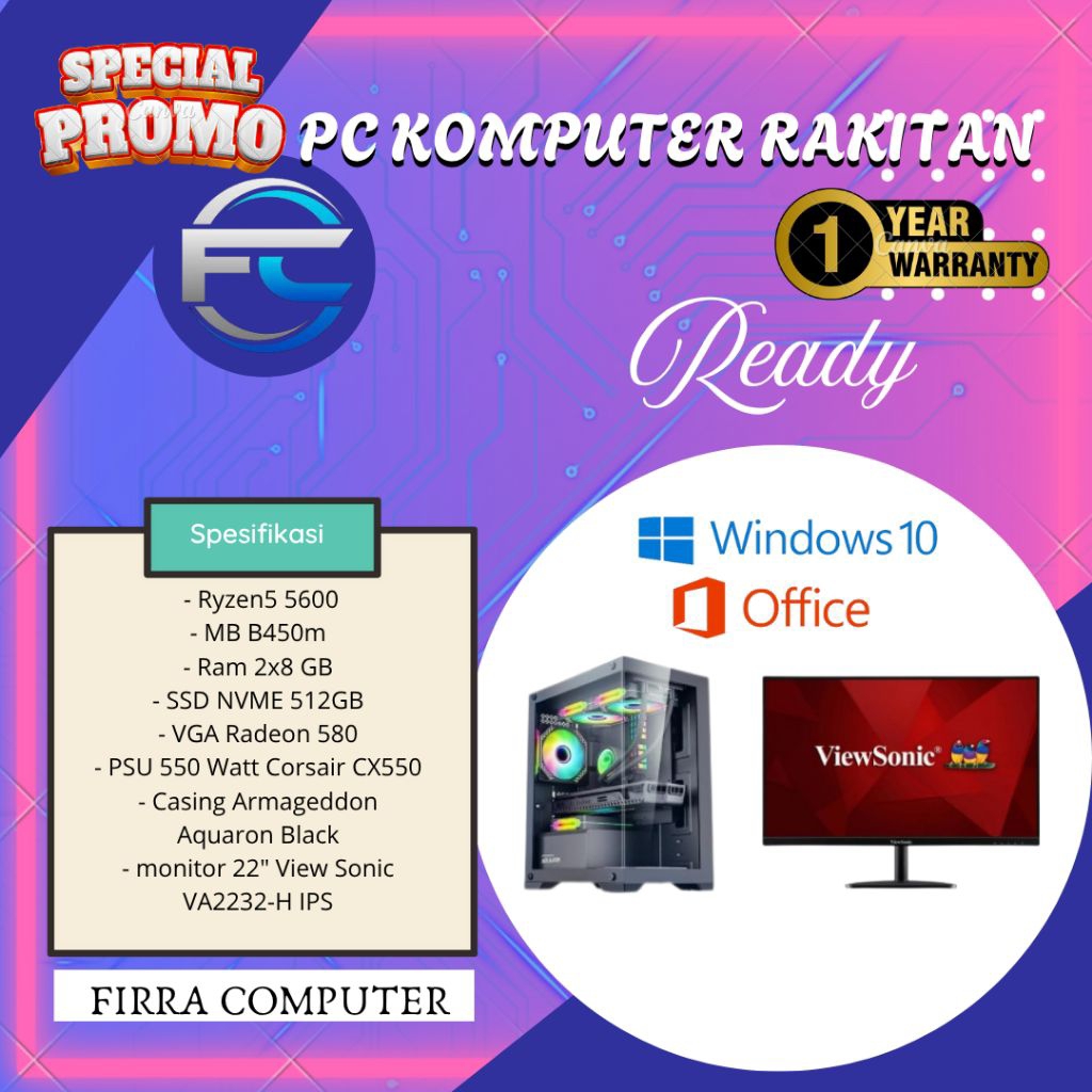 PC KOMPUTER GAMING - Ryzen5 5600- MB B450m- Ram 2x8 GB- SSD NVME 512GB- VGA Radeon 580- PSU 550 Watt