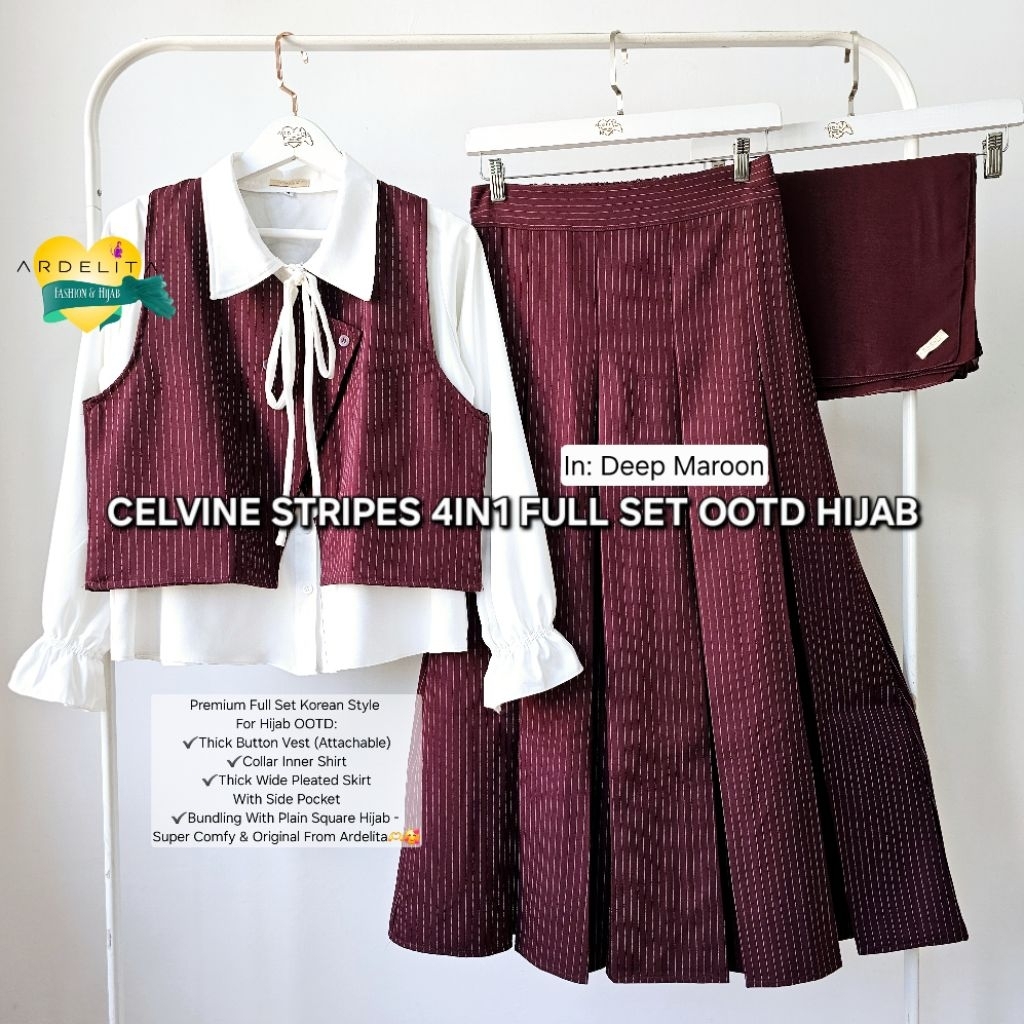 Ardelita Fashion Hijab - PROMO FREE HIJAB - Celvine One Set 4in1 OOTD Hijab Korean Style - Baju Sete