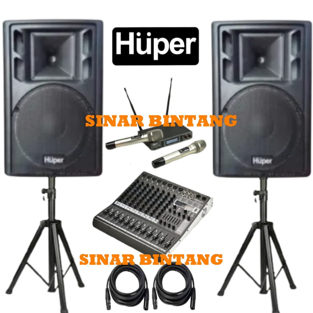Paket Sound System Huper HA400 15Inch Aktif Komplit Mixer Ashley Super M8 PRO Dan Mic Wireless Ashle
