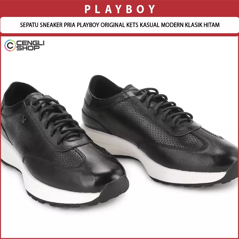 SEPATU SNEAKER KULIT PRIA PLAYBOY ORIGINAL KETS KASUAL MODERN KLASIK HITAM PL16