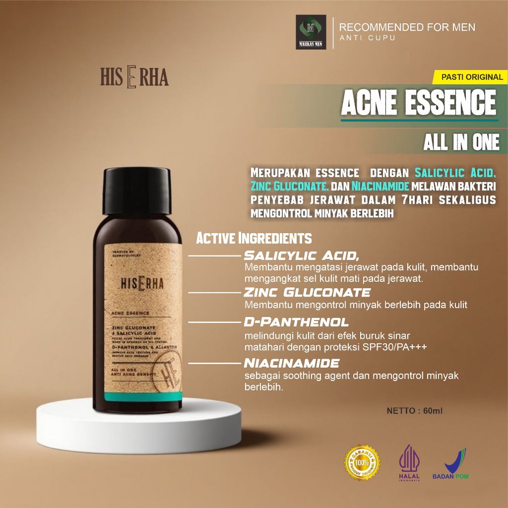 HIS ERHA Acne Essence All In One 60 ml - Serum Wajah Pria untuk Membantu Lawan Jerawat, Kontrol Miny