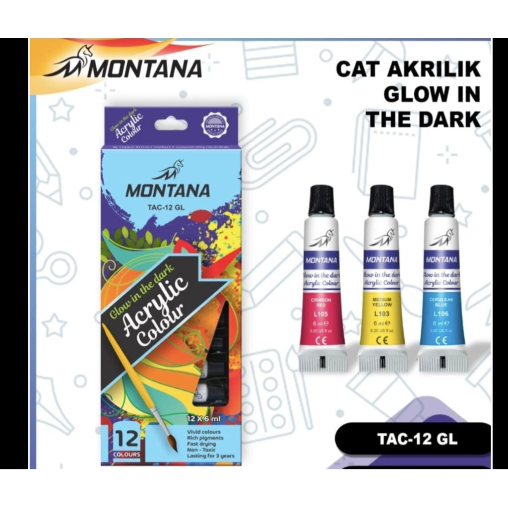Cat Acrylic / Minyak Montana Glow in the dark 6 ml 12 warna / Set