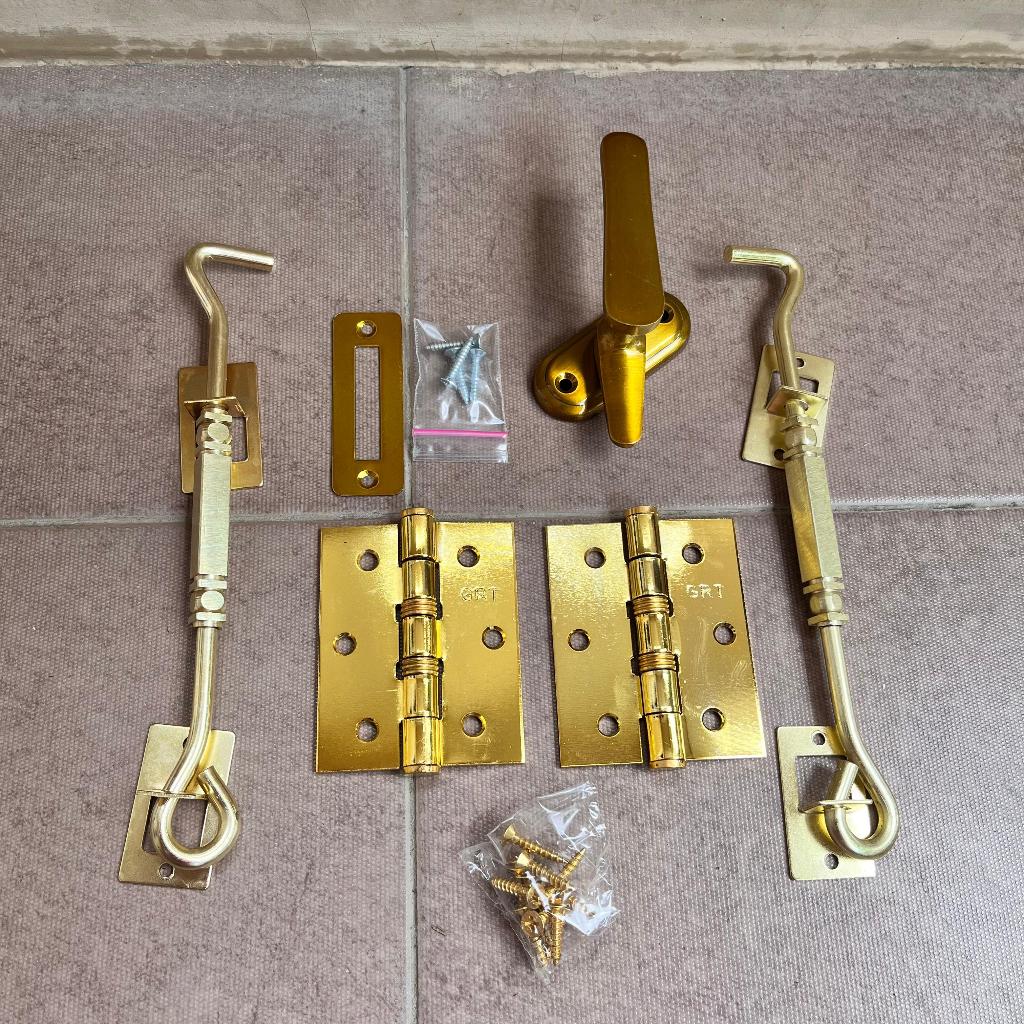 Paket rambuncis grendel kunci jendela kayu 1 set + hak angin gold cantolan lamskar penahan jendela +