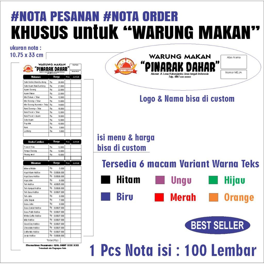 Nota Order Menu Warung Makan Wisata Nota Warteg Warung makan Padang Resto Kedai Cafe (1 Ply)