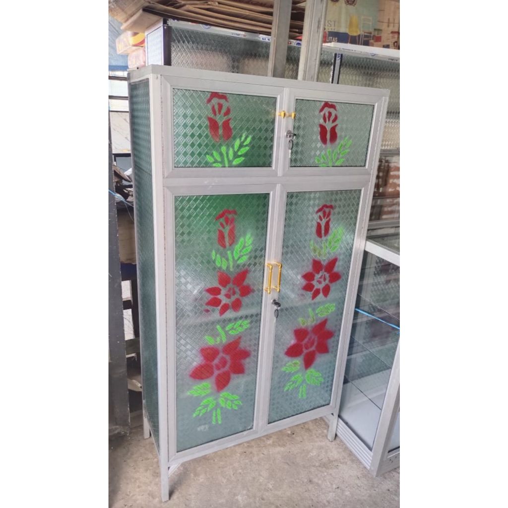 LEMARI RAK PIRING TANGGUNG KACA 4 PINTU BUNGA
