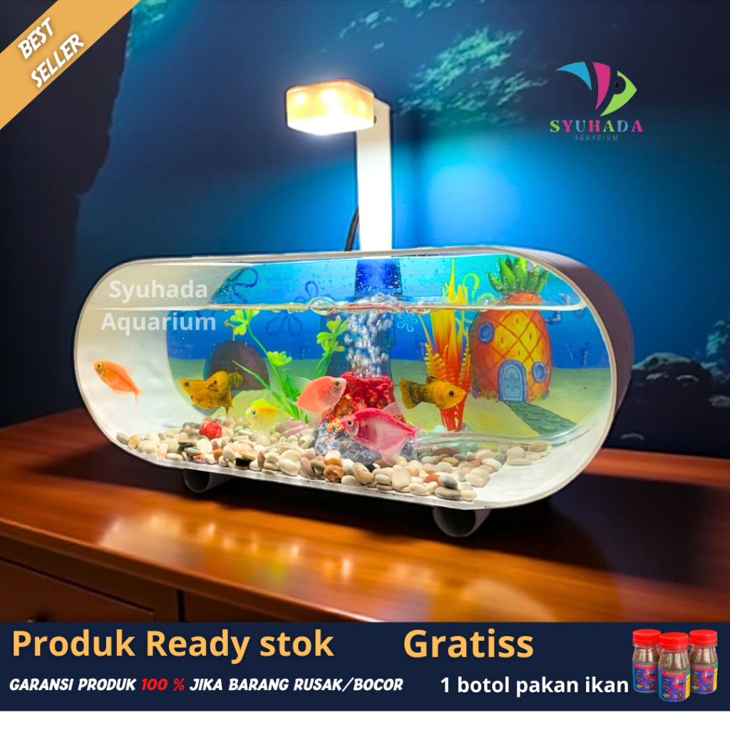 1 SET AQUARIUM MINI PVC PLUS POMPA AERATOR DAN LAMPU LED AKUARIUM CUPANG GUPPY DEKORASI AQUARIUM