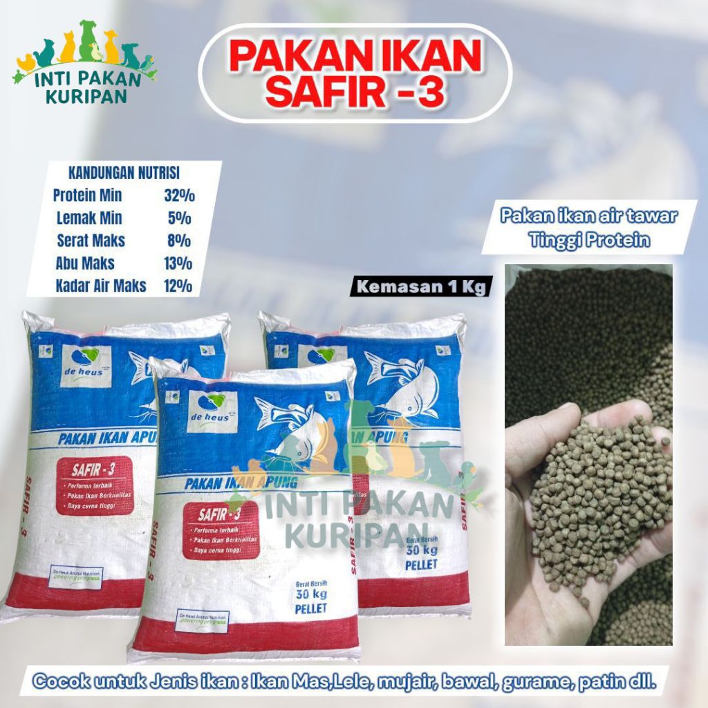 PELET IKAN SAFIR -3 / SAFIR MIN 2 PAKAN IKAN APUNG 1 Kg Repack