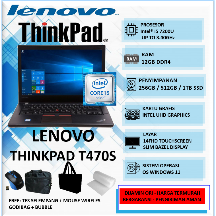 Lenovo Thinkpad T470S Intel Core i5 7200U Ram 12GB SSD 256GB 512GB 14" FHD Win10Pro Black