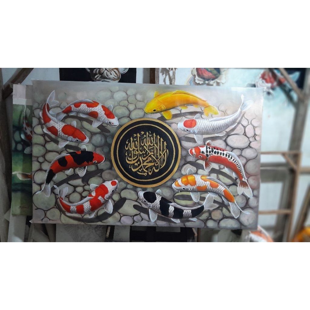 lukisan ikan koi perpaduan dngan kaligrafi ukuran 135x85cm