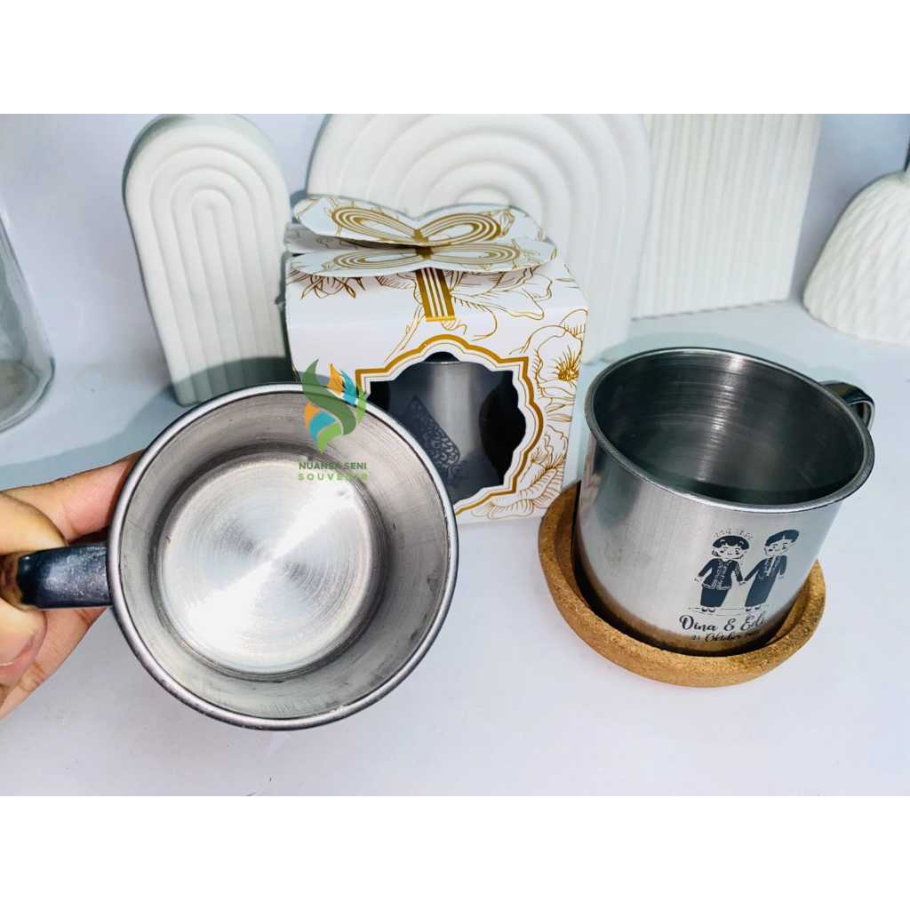 Souvenir Gelas Enamel Stainless 7cm Cangkir Minum Kopi Mug Tumbler Sablon Kemas Box