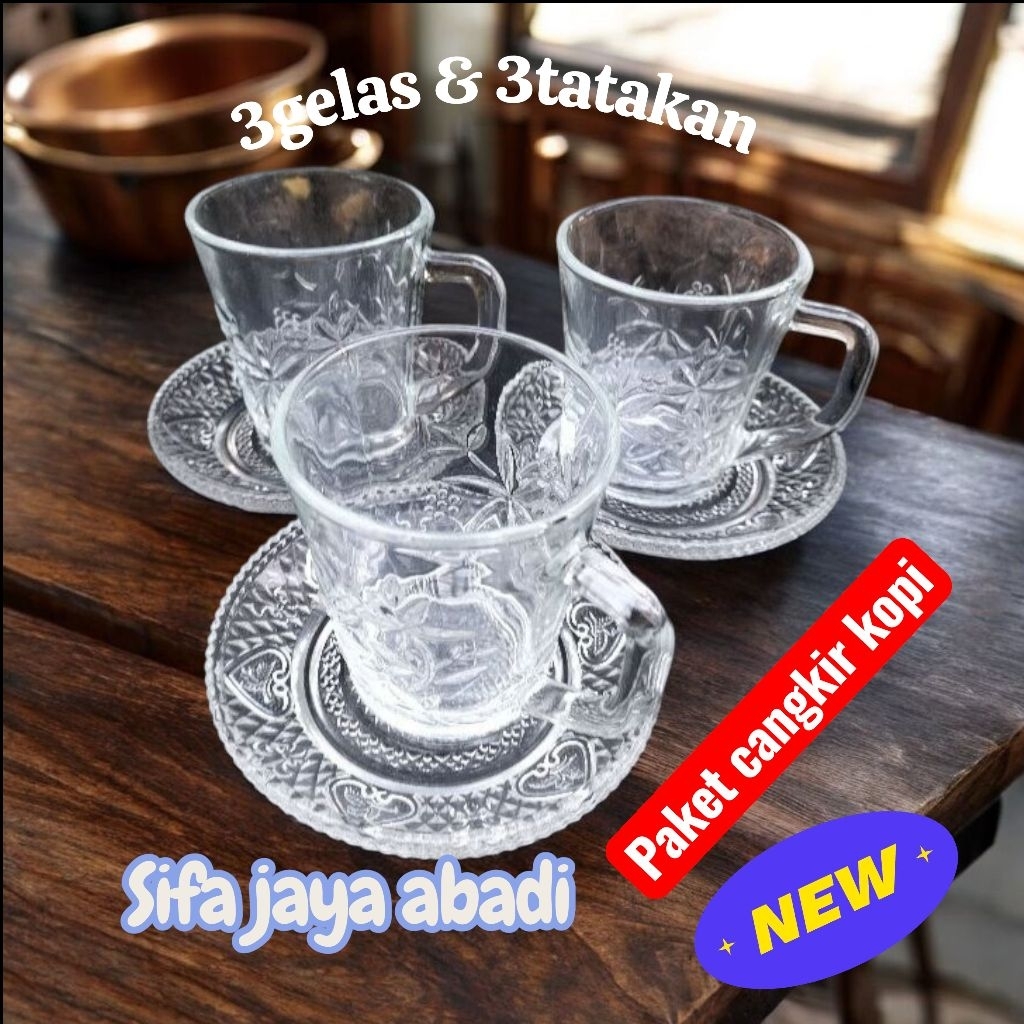 cangkir kopi set kaca tebal/cangkir teh kaca tebal 3gelasnya dan 3tatakan gelas dan tatakan