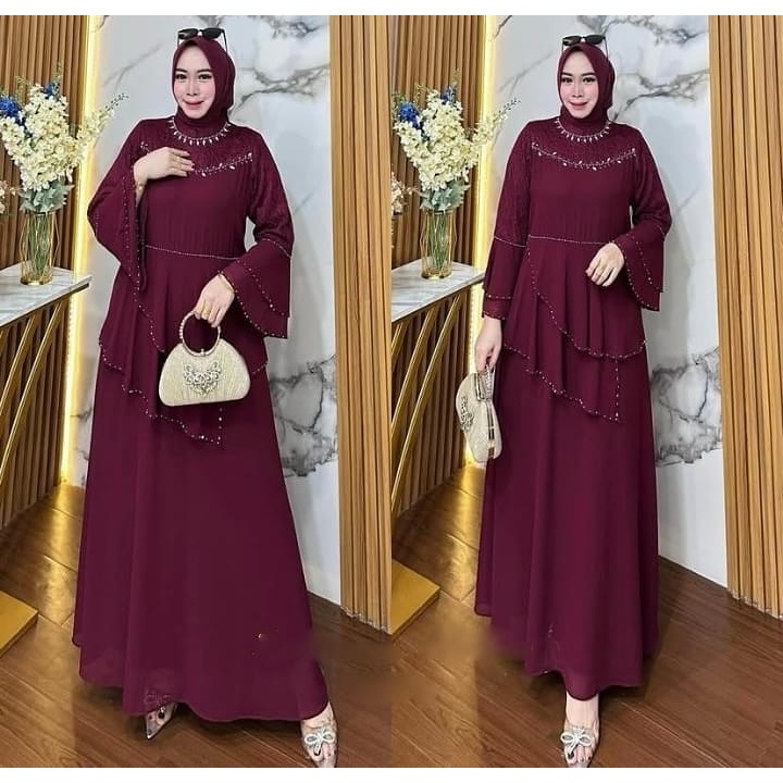 Gamis Pesta Mewah Elegan Daraa Maxy BL Bahan Kain Ceruty Babydoll Full Puring Mix Brukat Aplikasi Pa