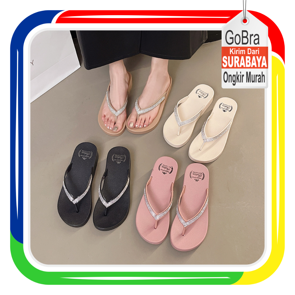 Gobra ♕ SA056 Sandal Wanita Tali Glitter Model Baru Fashion Kasual Simple Sendal Wanita Glitter Buat