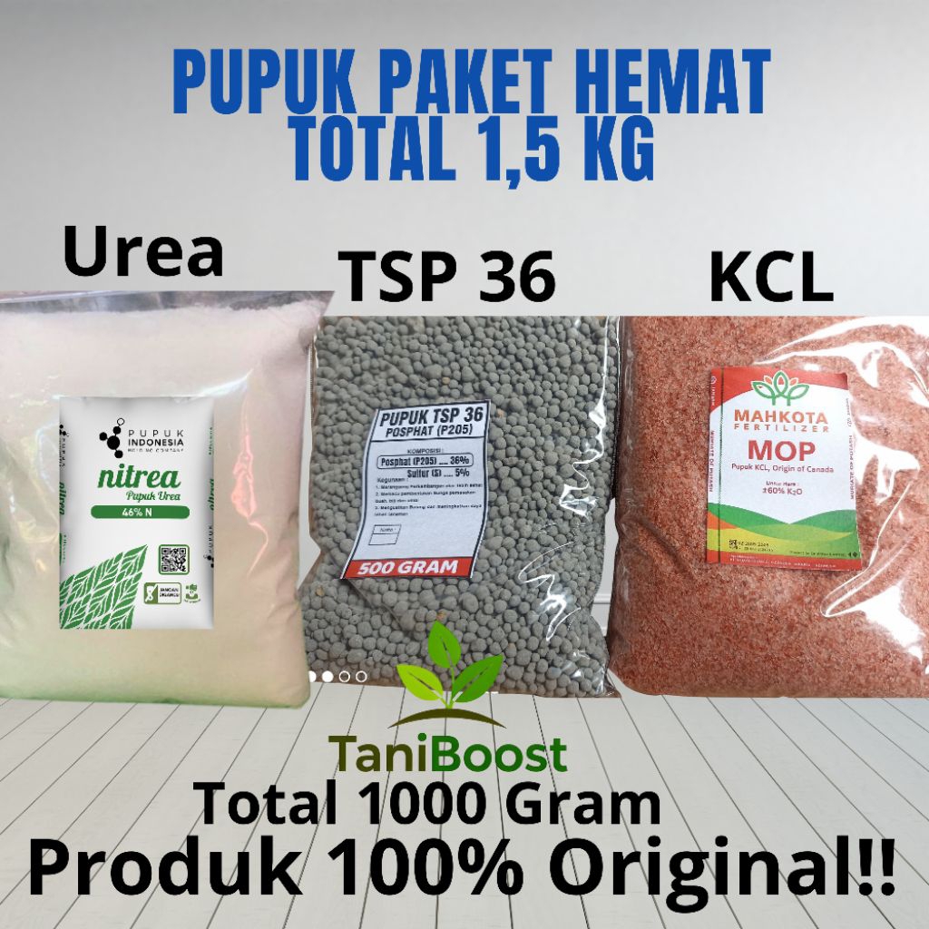 Paket Pupuk Hemat 1.5 Kg | Urea + TSP 36 + KCL MOP | Pupuk Dasar Tanaman Padi, Sayur, dan Buah – 100
