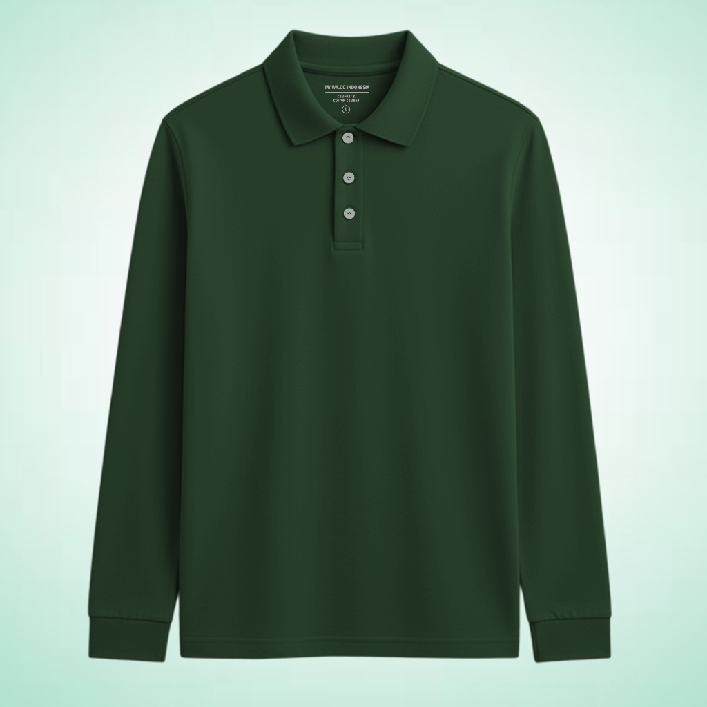 Mawa.co - Polo Kerah Lengan Panjang Hijau Botol T-Shirt Motif Polos Baju Kerja Santai Pria & Wanita