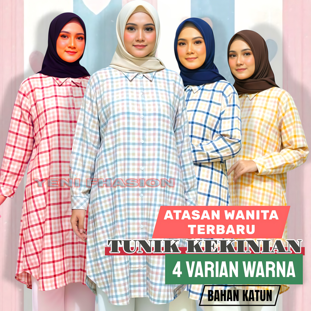 Atasan Wanita Terbaru Baju Tunik Kekinian motif salur kotak kecil