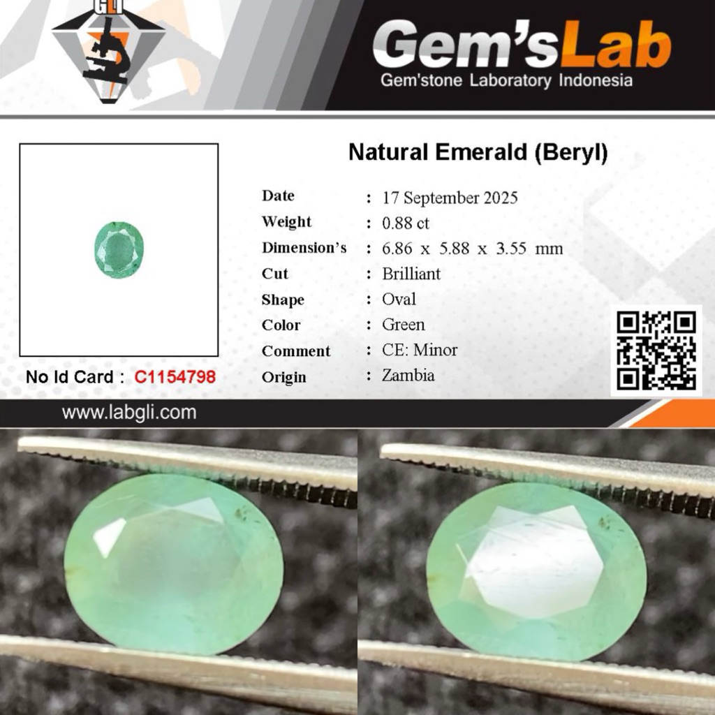 0,88 cts Natural Emerald Beryl origin Zambia Ce Minor Memo GLI
