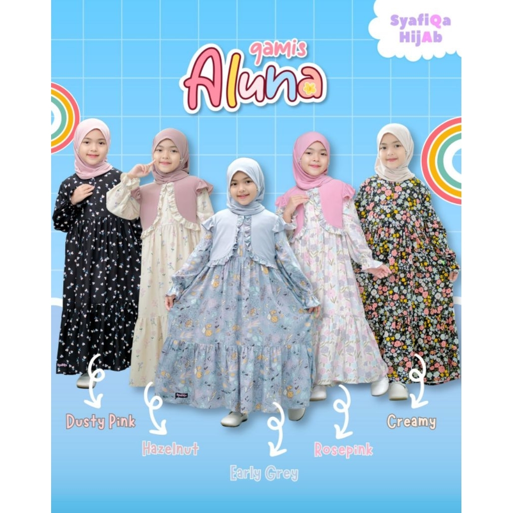 Syafiqa Hijab | Aluna Gamis Rayon Anak Perempuan Nyaman dan Adem Outer Lepas Pasang | Gamis Aluna Se