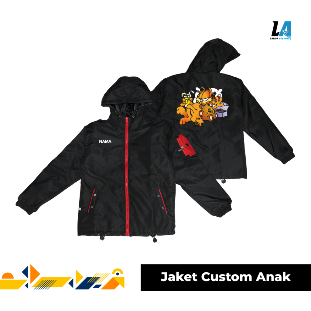Jaket Parasut Anak Custom Desain Bebas Garfield Jaket Anak Karakter Sablon DTF