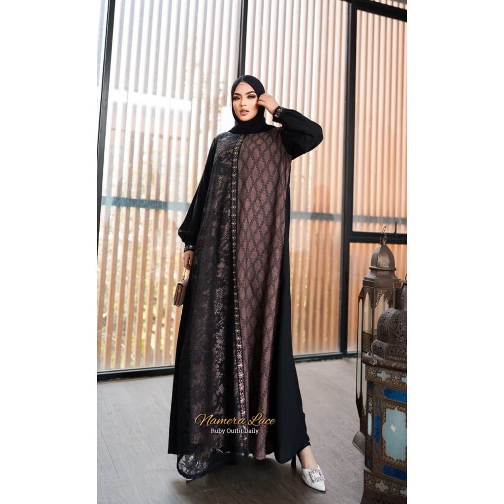 NAMERA LACE AMORE BY RUBY GAMIS ABAYA TURKI HITAM JETBLACK MEWAH MANIK PAYET MIX BRUKAT LACE IMPORT 