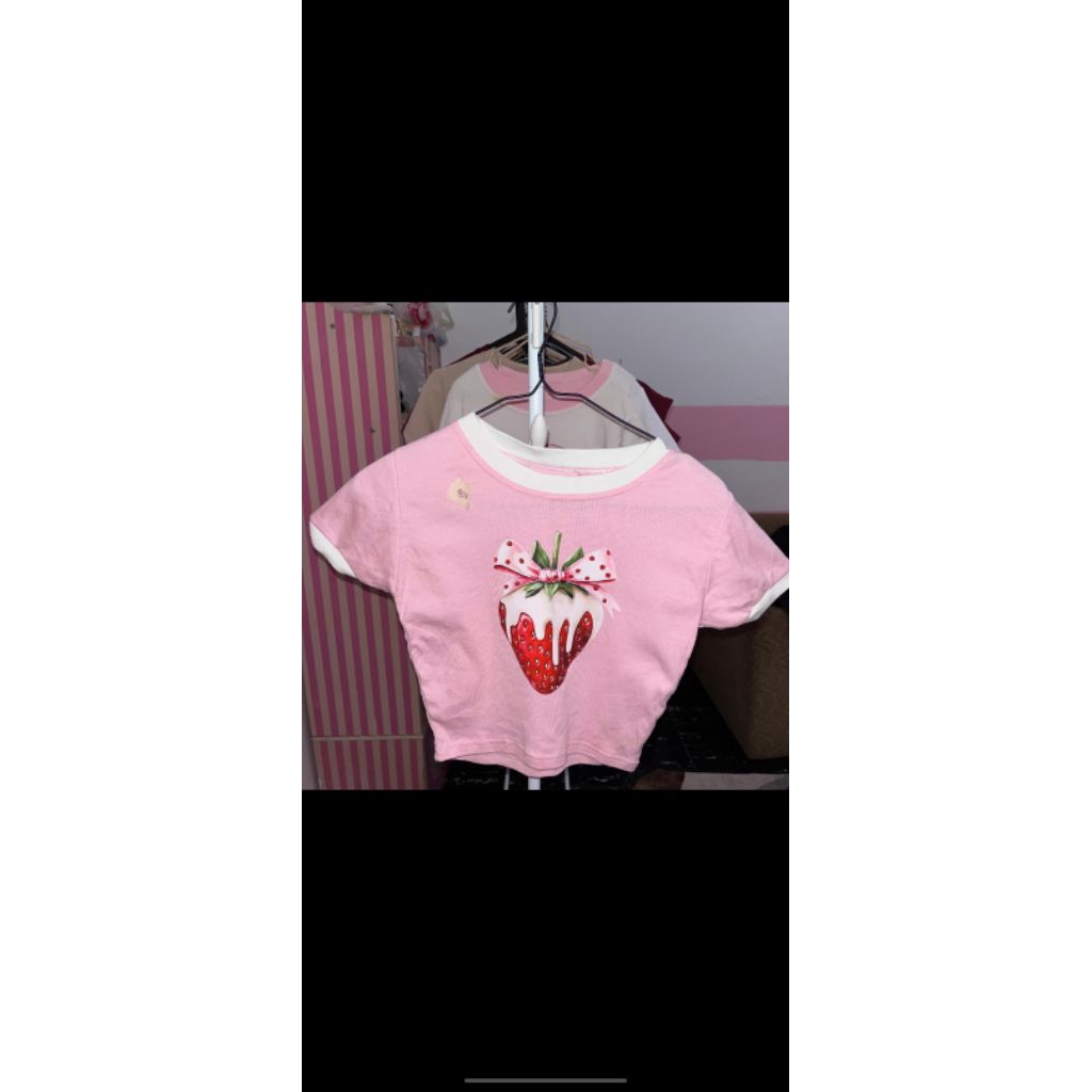 baju atasan wanita crop top list putih pink