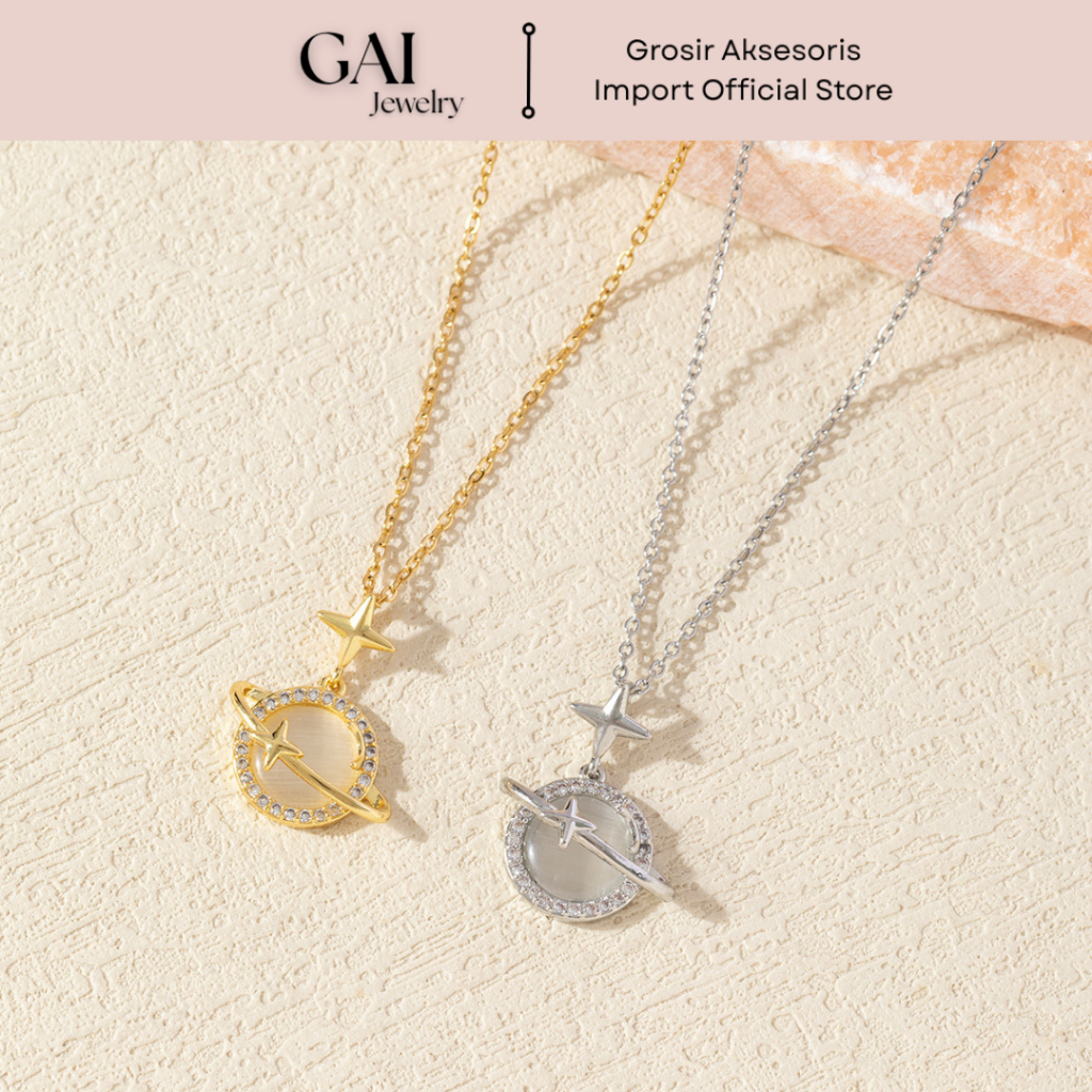 57 Kalung Liontin Bulan Bintang Titanium Premium Anti Karat Lapis Emas 18 KGP, Model Terbaru