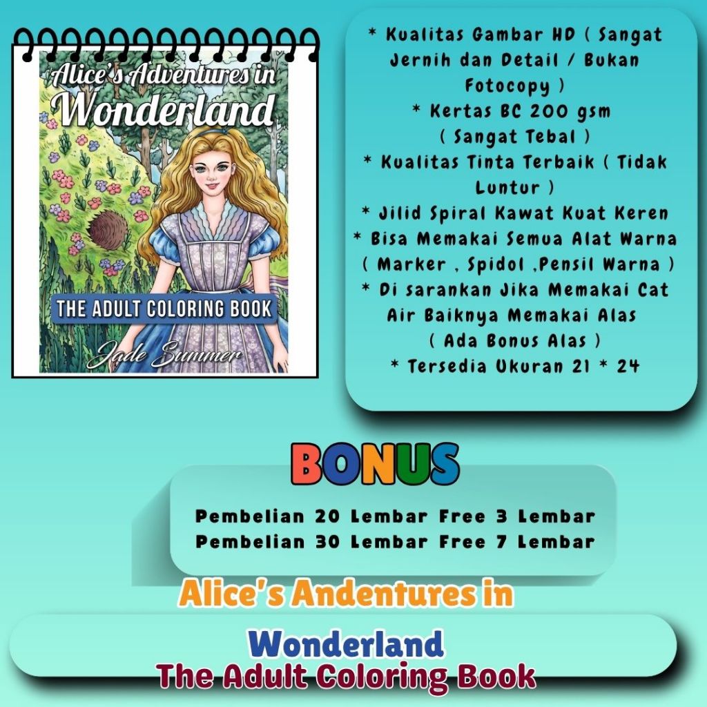 Buku Mewarnai Gambar Tema ALICE ADVENTURES IN WONDERLAND Coloring Book The Adult Coloring Book Premi