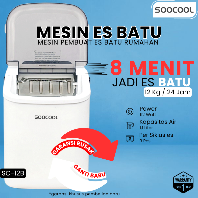 Mesin Pembuat Es Batu SOOCOOL ES-12B Ice Maker Mini 1,1 Liter Mesin Es Batu Portable Praktis Dapur &