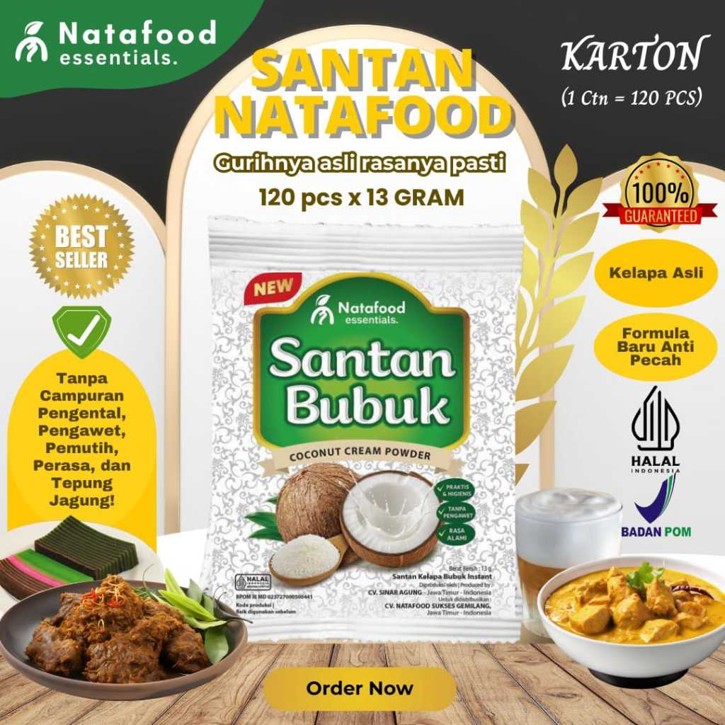 (SANTAN Bubuk 1 Dus) Santan Bubuk Natafood Tanpa Pengawet, Praktis, Kemasan 13 GRAM isi 120 PCS