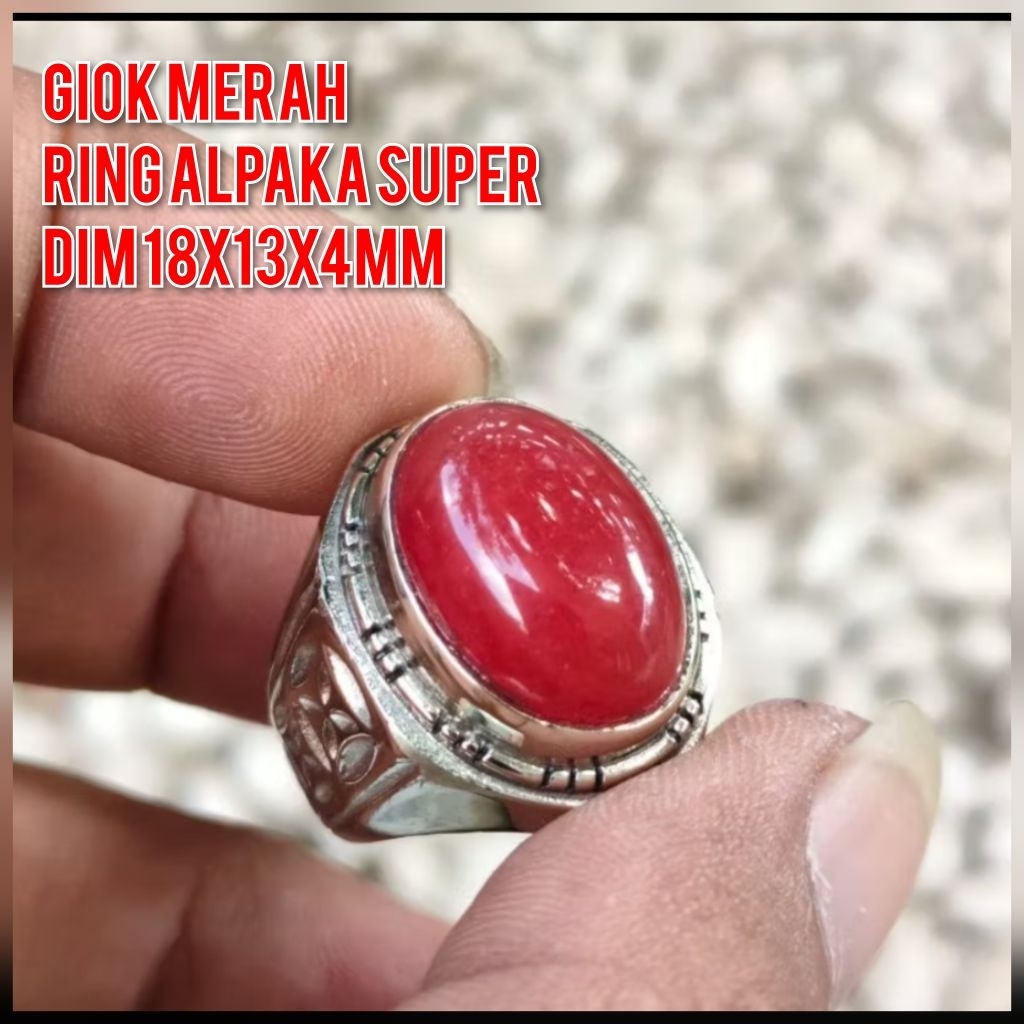 CINCIN PRIA BATU GIOK MERAH RED BARON SERAT DALAM RING ALPAKA SUPER