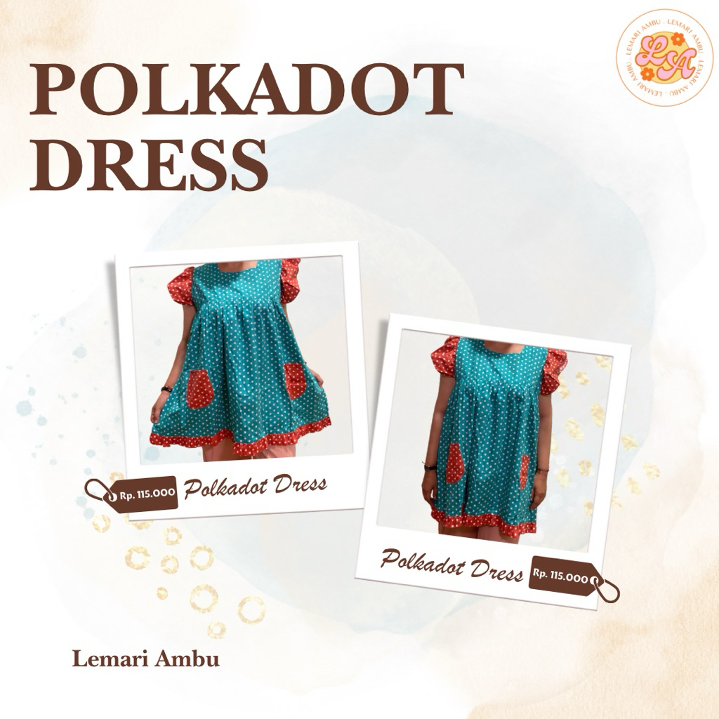 DRESS MINI POLKADOT TOSCA ORANGE LENGAN PENDEK RENDA LUCU KEKINIAN