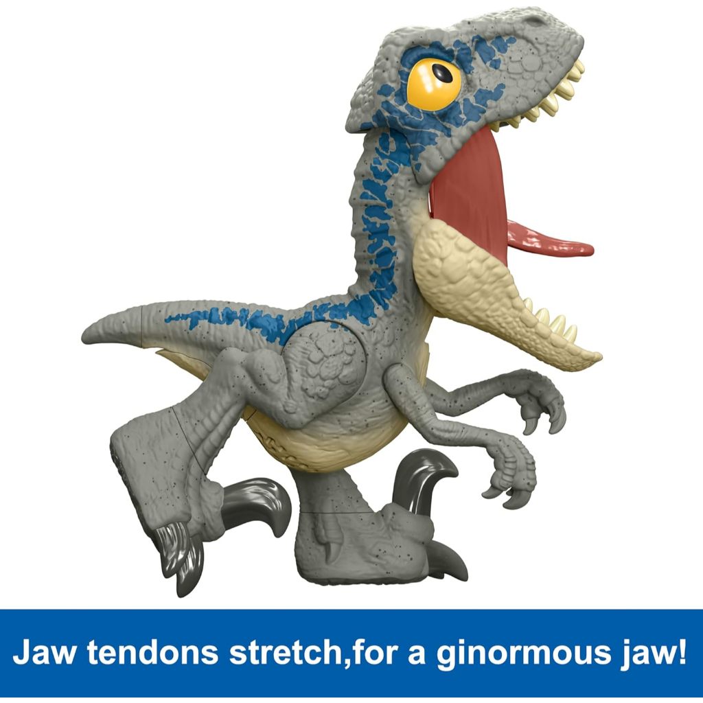 Mattel Jurassic World Mega Roar Blue Velociraptor Dinosaur Toy with Sound & Stretchable Jaw Tendons