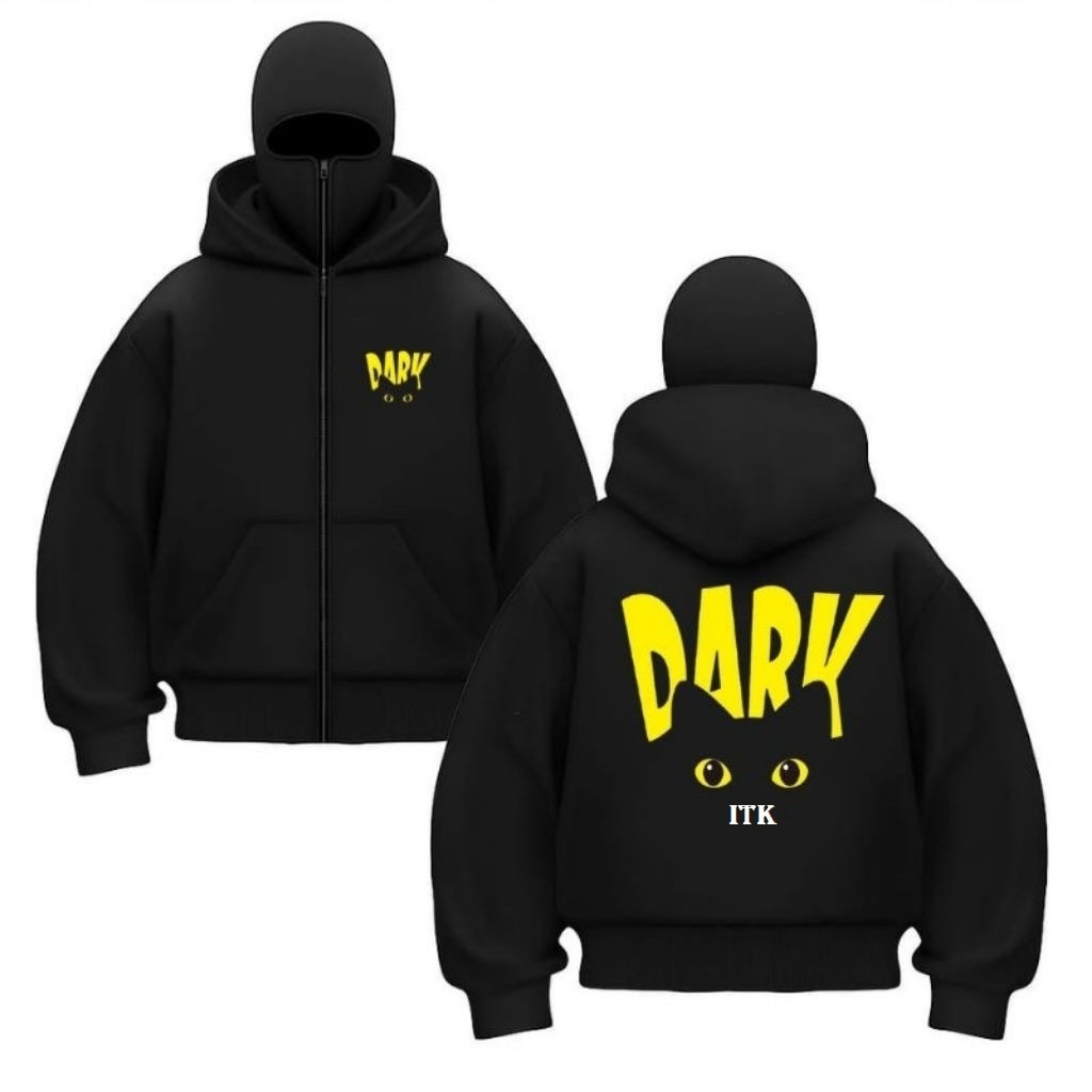 Sweater Hoodie Balaclava Zipper Sablon Nyala Jaket Boxy Hitam Pria Wanita