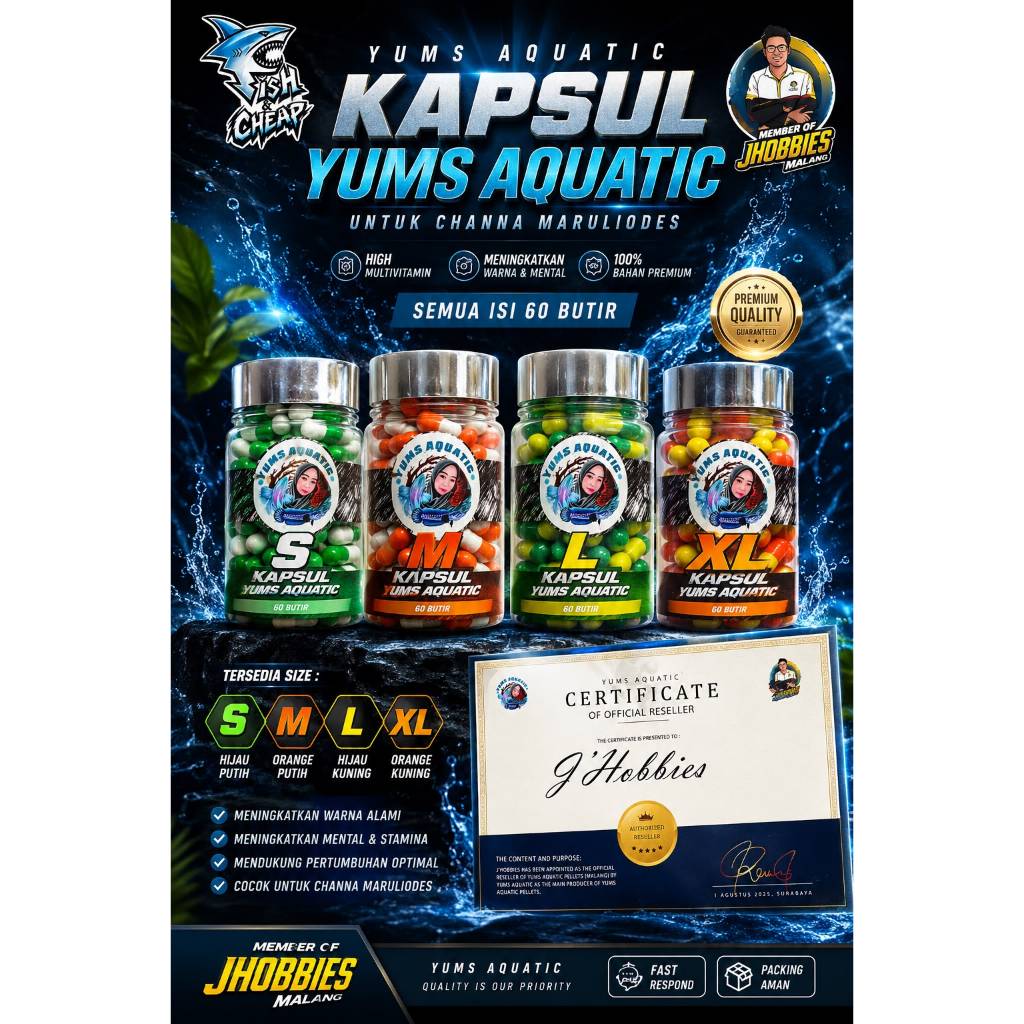 Yums Capsule - TINGGI Multivitamin Pakan Channa Maru berkualitas ukuran baby-20cm-30cm-jumbo