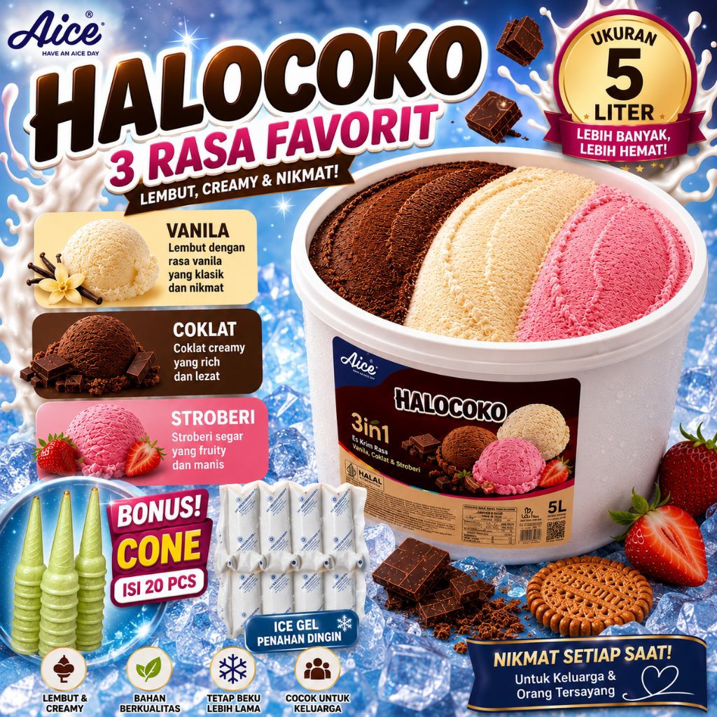 ice cream aice neopolitan halocoko 5 liter  + BONUS cone isi 20 pcs / eskrim aice 3in1 5 liter / es 