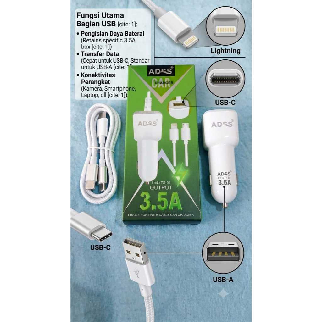 ADAPTOR ADSS SAVER 3.5A 3IN1 ORI 100% 3A CAR CHARGER SPIRAL SPRING TRAVEL ADAPTER CAS CASAN MOBIL US