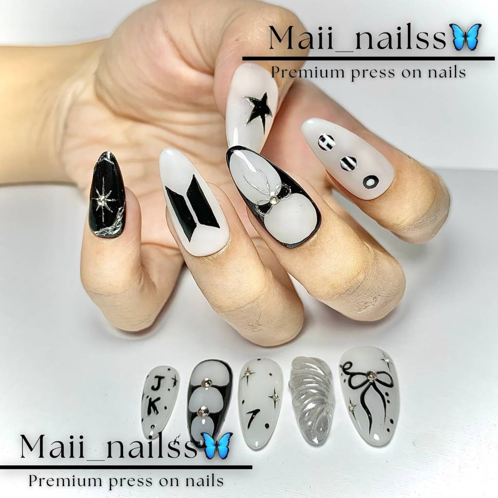 (COD) KUKU PALSU / NAIL ART / PREESS ON NAILS Desain BTS simpel Elegan Daily Premium Custom Handmade