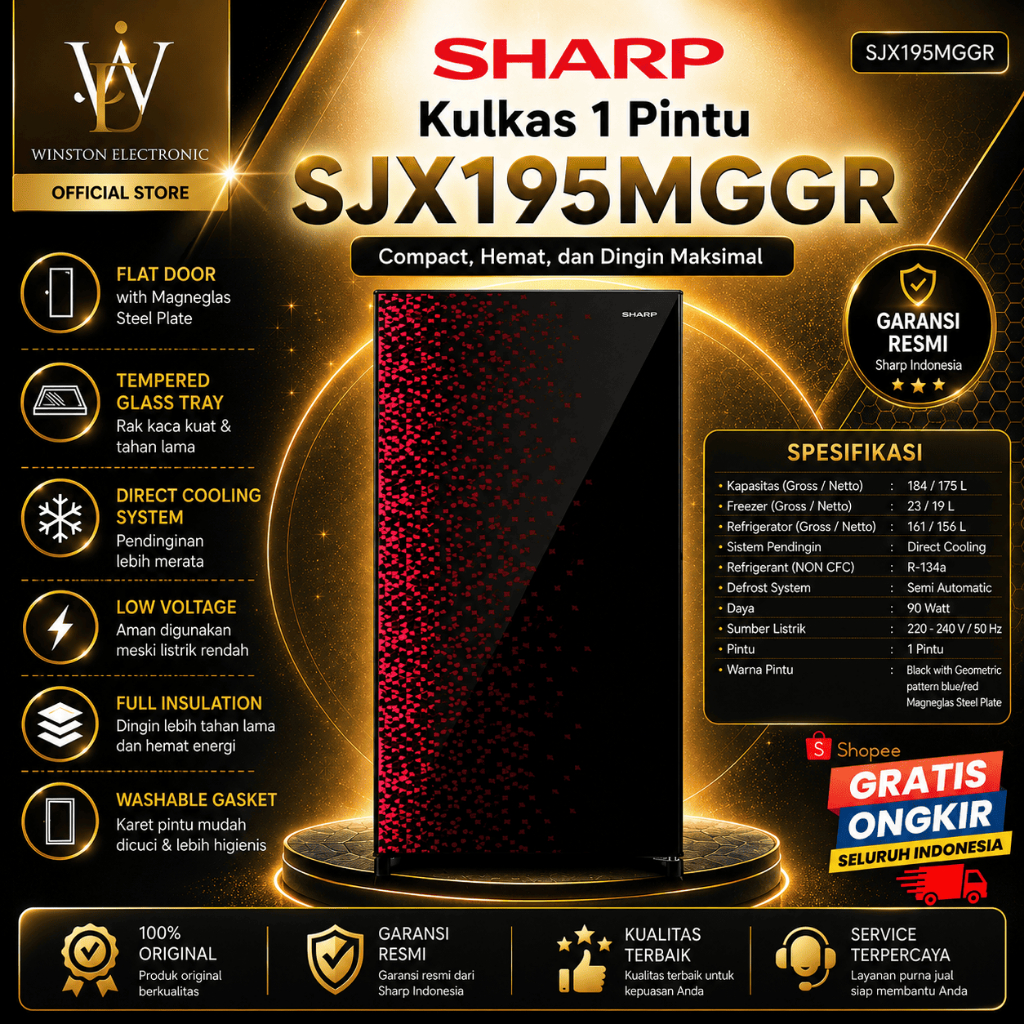 KULKAS 1 SHARP PINTU SJX195MGGR 128L/SJX-195MGGR/SJX-195-MGGR/SJX 195MGGR/ORIGINAL BERGARANSI RESMI