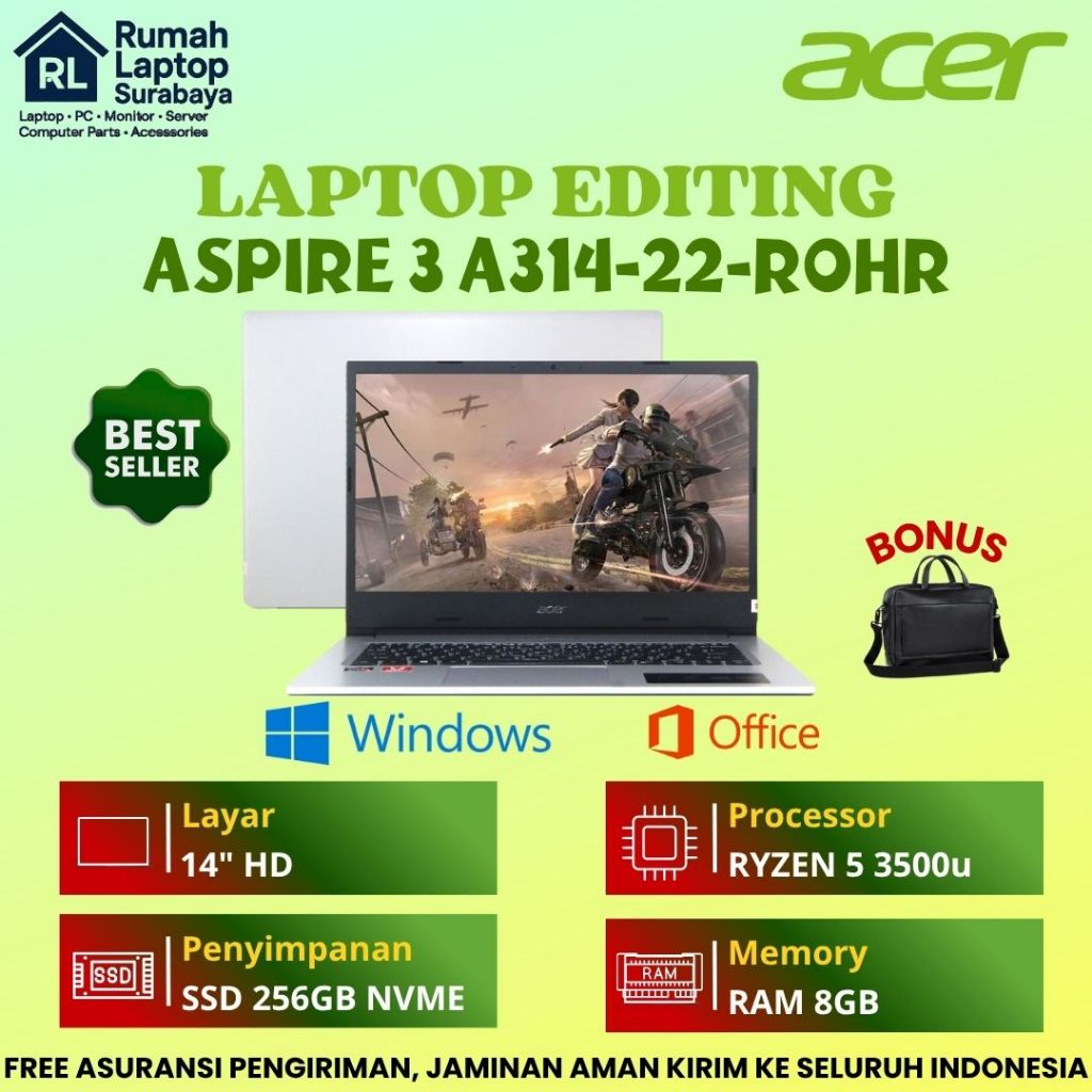 Laptop Acer Aspire 3 A314 - R0HR AMD Ryzen 5 Ram 8GB SSD 256GB 14" - Laptop Acer Ryzen 5