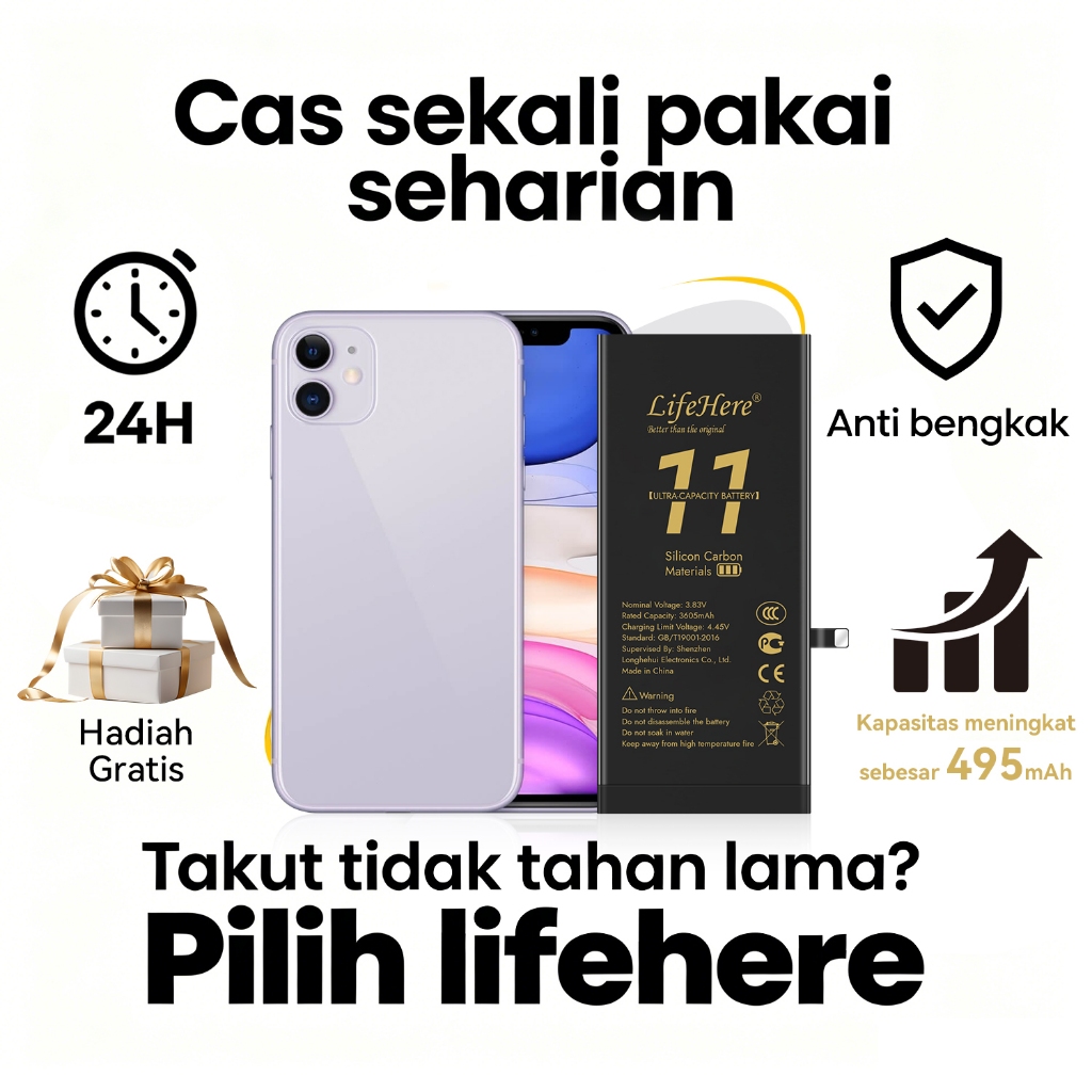 Lifehere baterai Iphone 11 baterai IPHONE 11 3605 mah superkapasitas