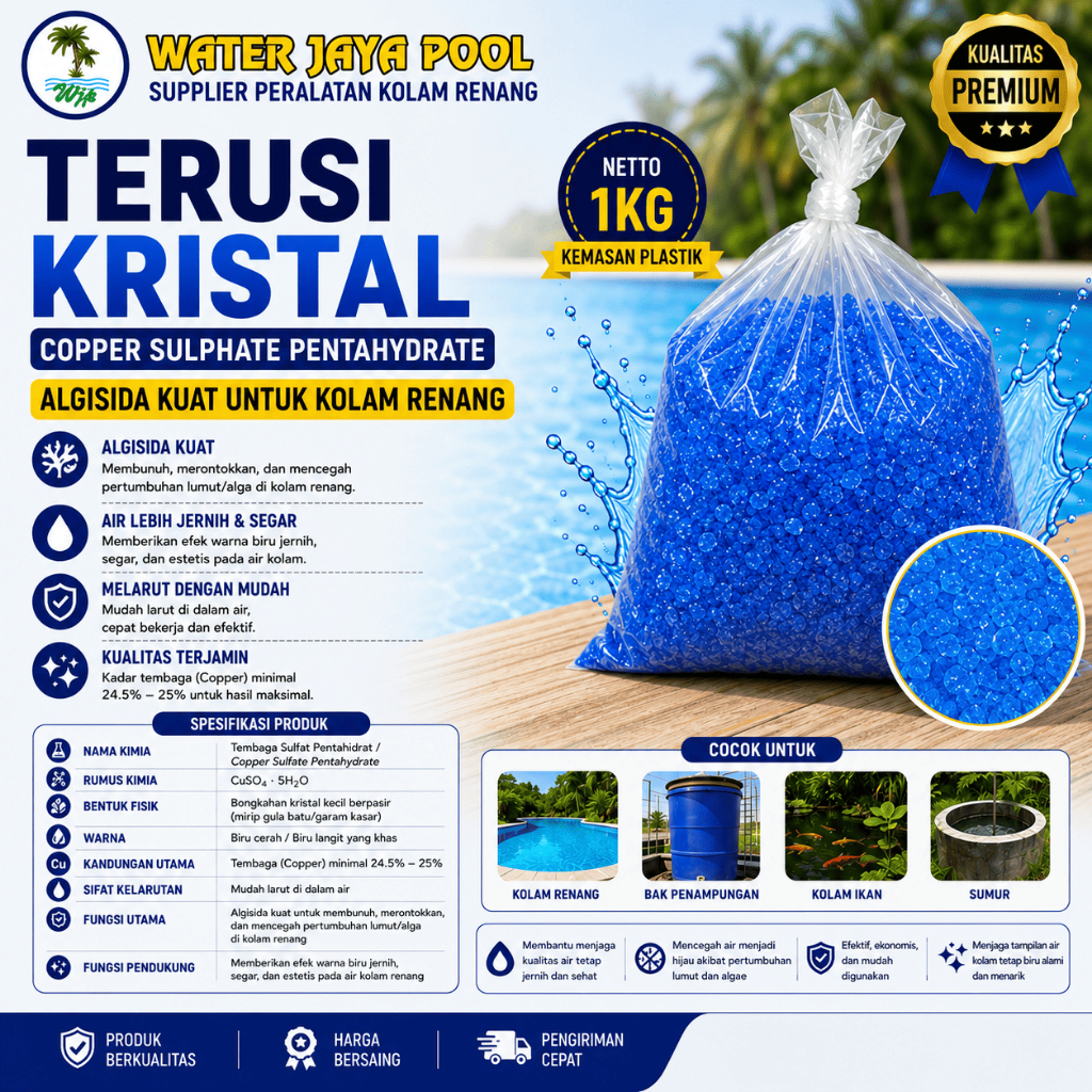 terusi kristal 1kg/ terusi kolam renang/ terusi 1kg krista/ pembiru air kolam renang/ obat kolam ren