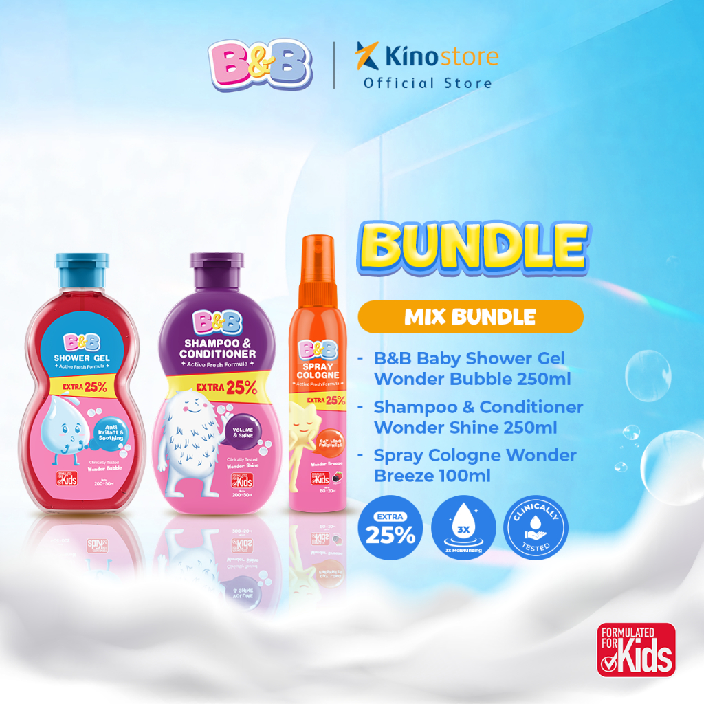 B&B Kids Shower Gel Wonder Bubble 200+50ml + Spray Cologne Wonder Breeze 80+20ml + Shampoo & Conditi